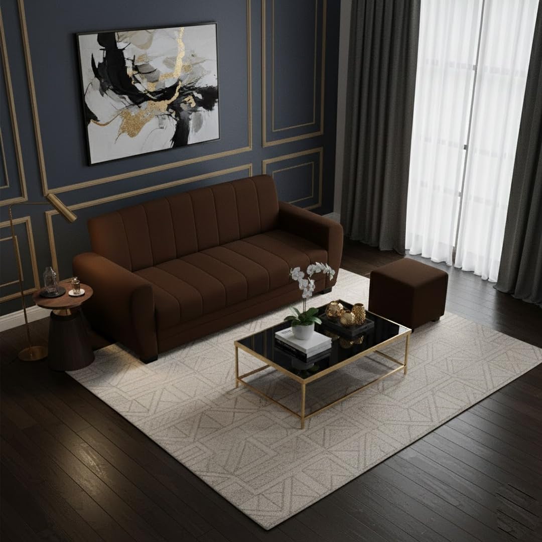 Arora 3 Seater Modular L Shape Sofa Set with 2 Ottoman | Soft Velvet Upholstery, Sturdy Wooden Frame | Stylish Sofa for Living Room, Hall & Office Spaces (Dark Brown)