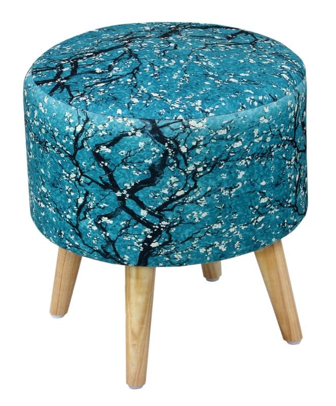 Image of Ottoman for Living Room, Velvet Round Foot Rest Stool, Wooden Legs Chair for Sitting, Ottoman for Bedroom & Makeup Room Decor | Chair (18 inchx18 inchx32 inch), Puffy (16 inchx16 inchx17 inch) | Teal Blue