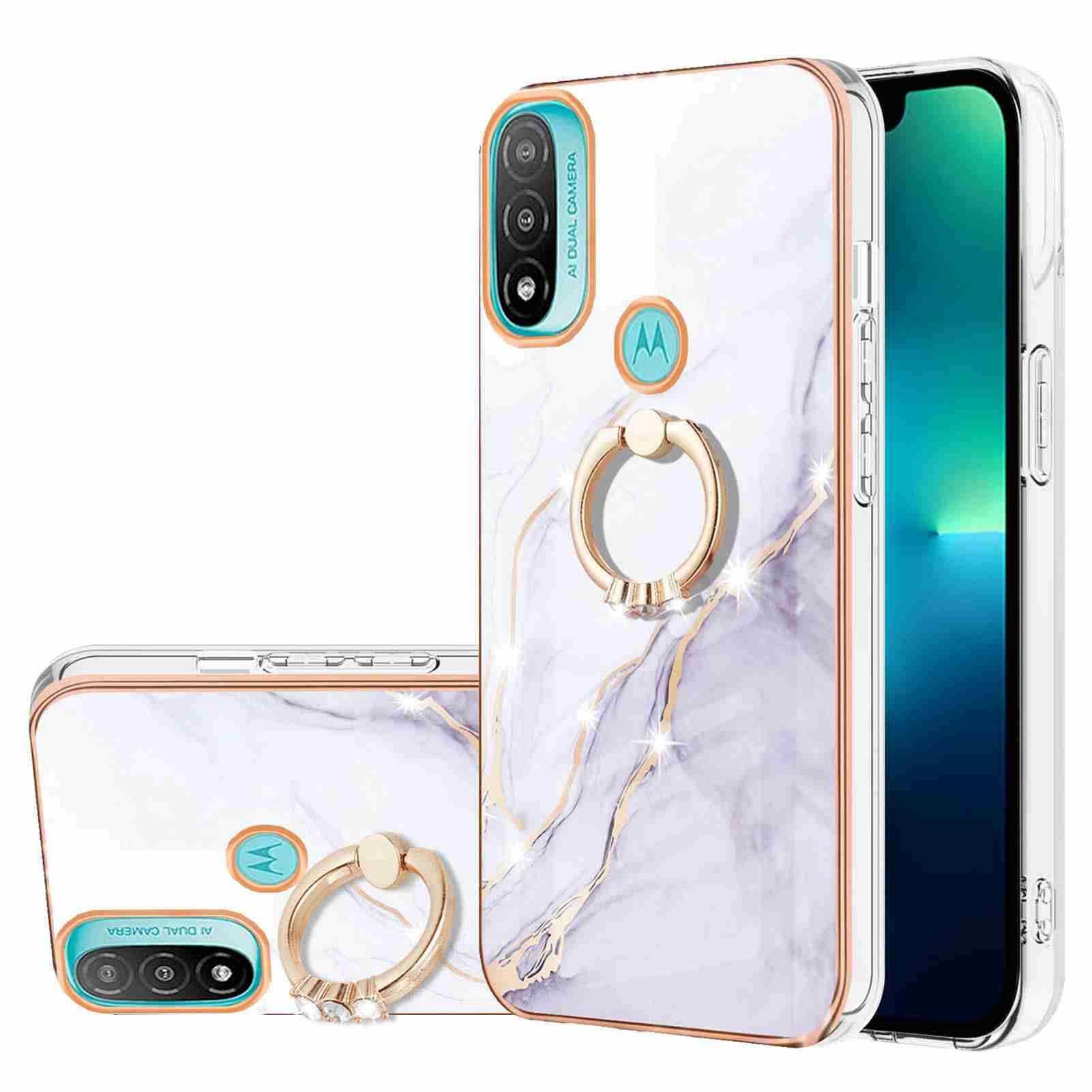 Motorola Moto E20/ E30/ E40 Case with Ring Holder, Shockproof Silicone Marble Phone Cover Finger Kickstand Soft Metallic Anti Scratch TPU Rubber Bumper for Motorola Moto E20/ E30/ E40, White