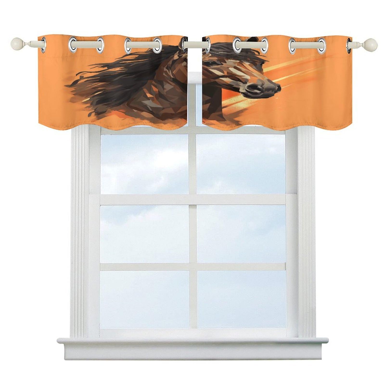 Fekiloot Style Orange Background With Horse Head Short Curtains Valance Curtain