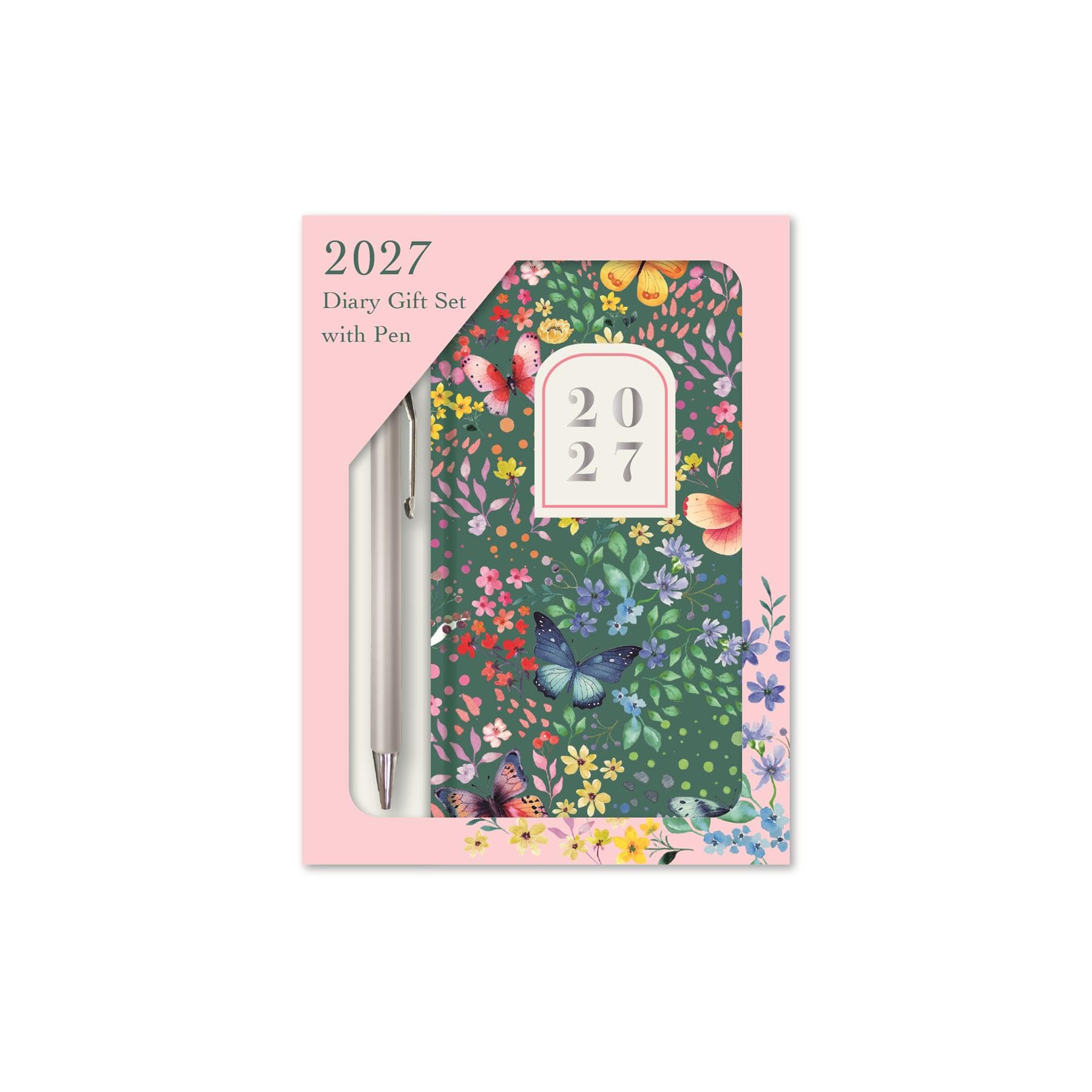 2027 Pocket Diary Pen & Gift Set - Green Butterfly Slim Week View Planner