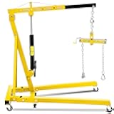 2 Ton Engine Hoist with Lever Stabilizer, 4400LBS Hydraulic Heavy Duty Crane Lifter with 6 Casters, Folding Cherry Picker with Telescopic Boom, Engine Hoist Lift for Workshop, Warehouse, Yellow