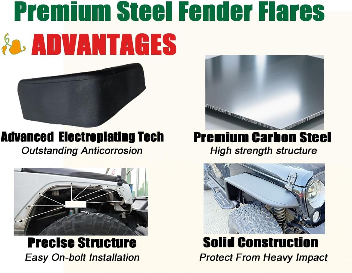 ATruck Off-Road Heavy Duty Steel Fender Flares for Jeep Wrangler 2007-2018 JK & JKU 2/4 Doors - Easy Installation, Solid, Anti-Corrosion, Front & Rear Fenders, Mud Guards, Outdoor Adventures, 4 PCS