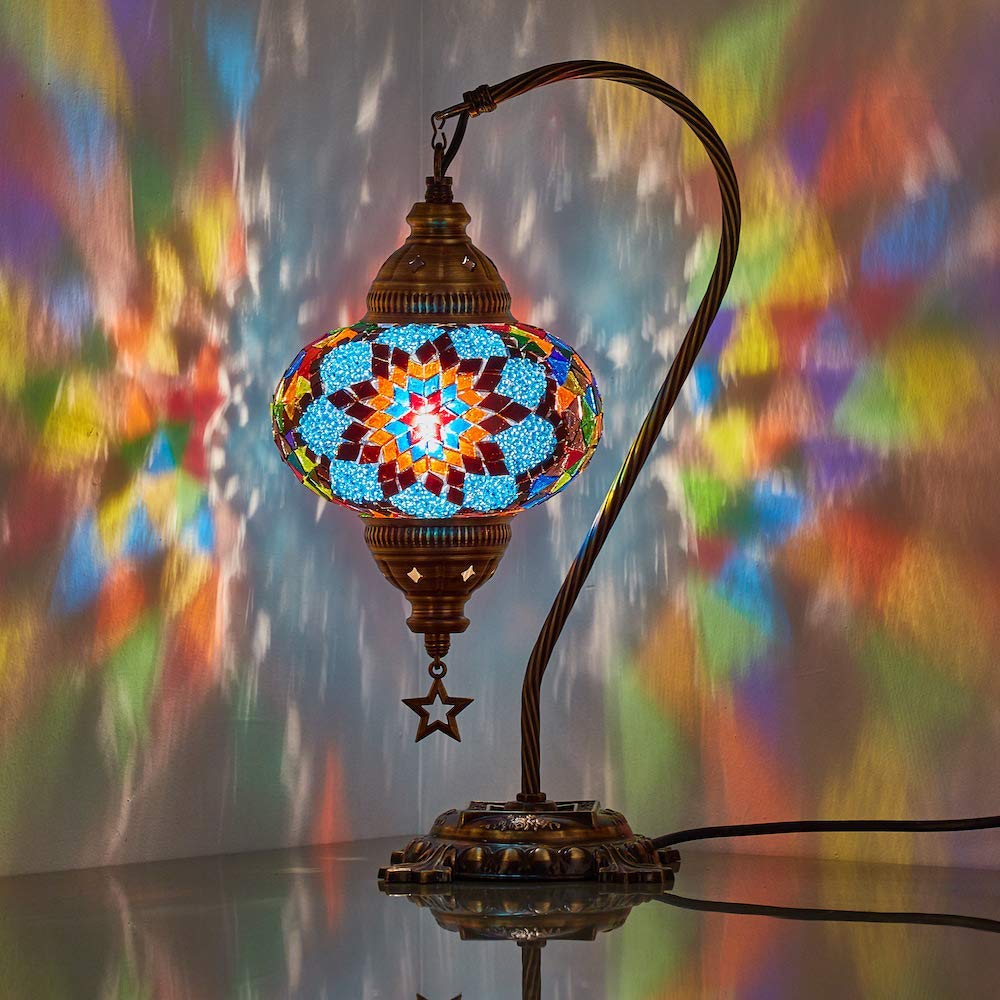 DEMMEXAuthentic Turkish Lamp, Made in Turkey, Turkish Moroccan Mosaic Table Bedside Lamp, 100% Handcrafted, Antique Brass Color Metal Body and Decorated Metal Base, 15", Brown