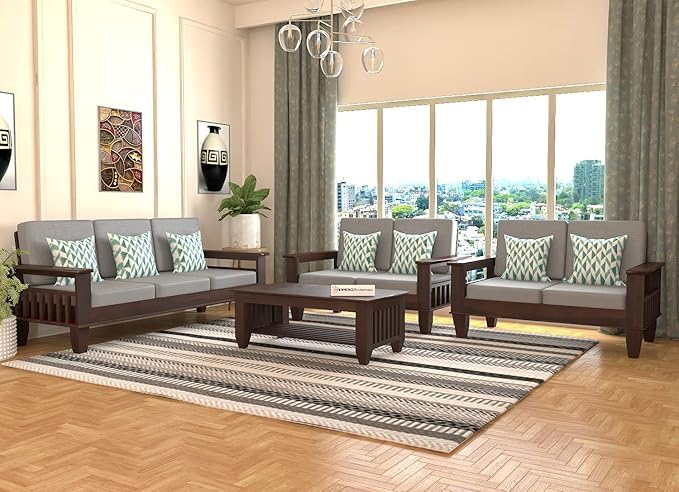 Image of Sheesham Wooden 7 Seater Sofa for Living Room | Rosewood 7 Seater Cushion Sofa with Side Newspaper Holder for Home & Office (-Walnut Finish,3+2+2 Seater)