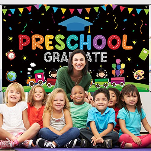 Image of Large Preschool Graduation Party Banner Decorations 72x44 Inch, Kindergarten Graduate Banner Flag Photography Background for Kids Class of 2023 Ceremony Congratulations Grad School Prom Supplies