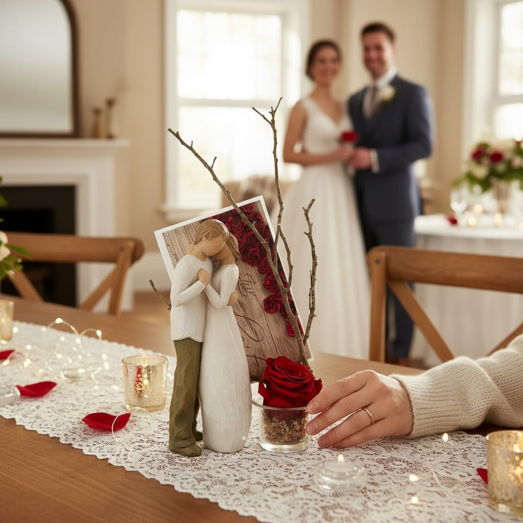 Hochzeitsgeschenk Box 1 – Figur 23 cm mit Long-Life-Rose im Teelichtglas, Faltkarte „Zur Hochzeit“ & Acryl Geschenkbox mit Tragegriffen – Geschenk für Brautpaar