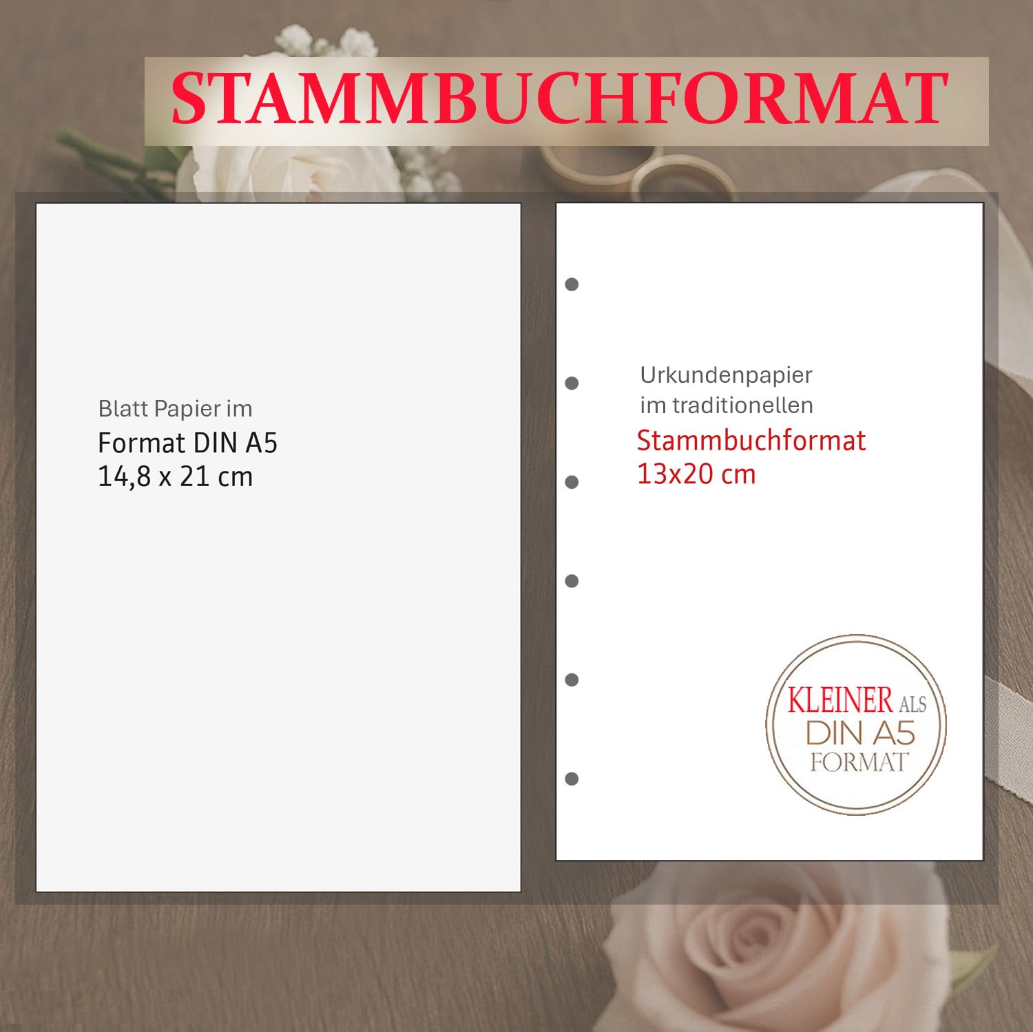 Hochzeit – Hochwertiges Familienstammbuch Velours Blau mit Goldprägung – Sonderformat 13 x 20 cm (kleiner als DIN A5) mit 6-Ring Mechanik für Standesamt Urkunden