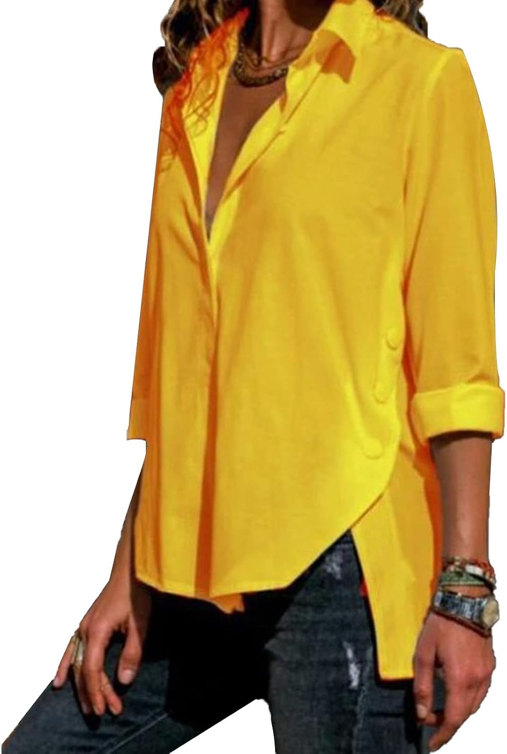 Womens Side Slit Buttons Irregular Shirts Long Sleeve V Neck Lapel Blouses Solid Color Loose Chiffon Shirt Tops