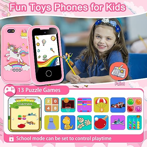 Image of Kids Phone for Girls Toys, Gifts for 3 4 5 6 7 8 9 Year Old Girls Boys | Christmas Birthday Kids Toys, Touchscreen Toddler Learning Cell Toy Phone with Dual Camera, Game, Music Player, 8GB Card Pink