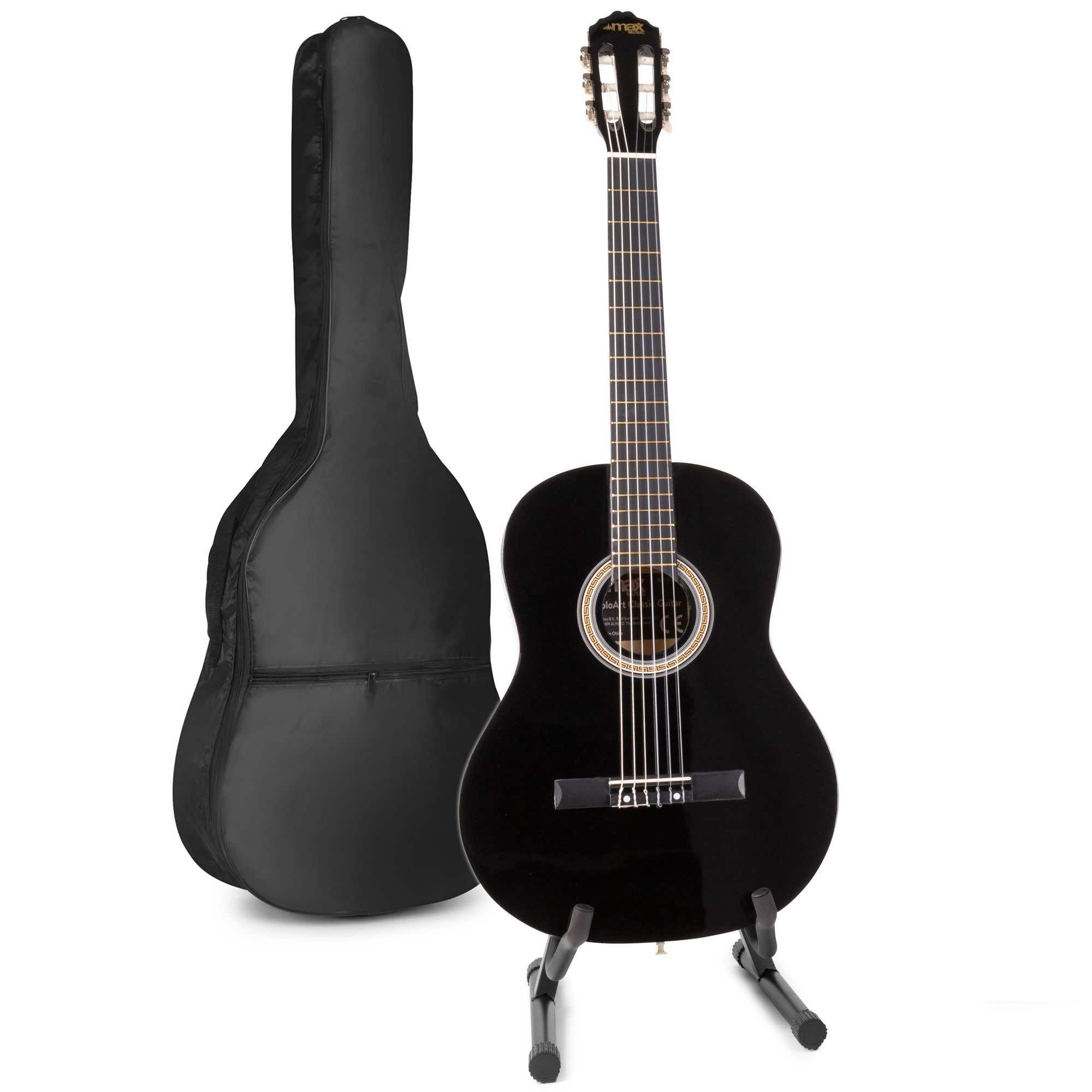 MAX SoloArt Guitare Acoustique Classique avec Support de Guitare - Noir, Idéal pour Animer vos Soirées