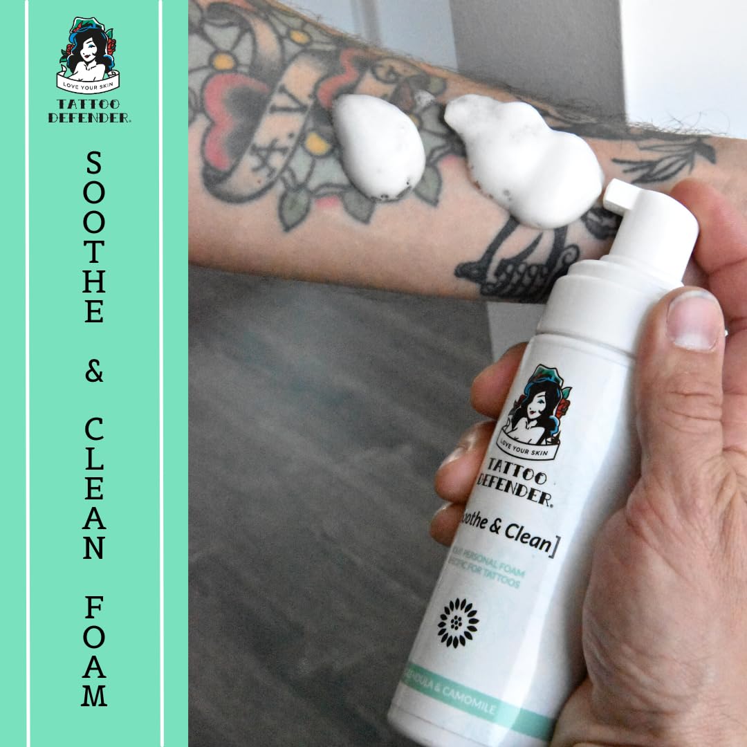 Tattoo Defender Soothe&Clean Foam, 150ml - Mus Tatuaże Oczyszczający Kojący Oczyszczający, Do Pielęgnacji Tatuaż, Zmniejsza Zaczerwienienie I Obrzęk, Antybakteryjne, Konekcja 150ml