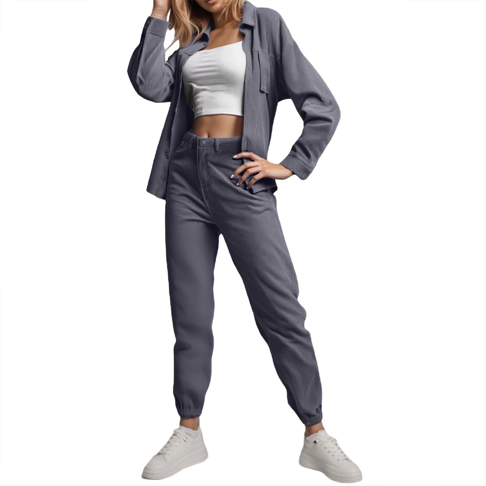 Completo da donna con camicia con risvolto e pantaloni in velluto a coste retrò taglie forti
