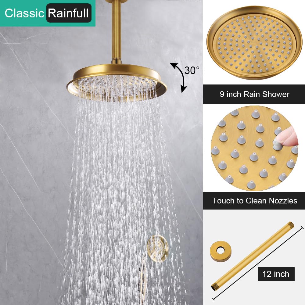 Antikes Duschset – Deckenmontage Mit Regendusche & Handbrause, Gebürstetes Gold, 22,9 Cm Regenkopf