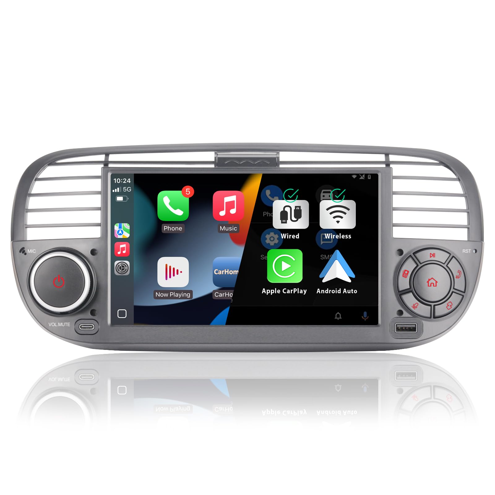 Autoradio per FIAT 500 radio con schermo touchscreen USB Bluetooth FM/AM Linux Sistema doppio din stereo auto con Carplay wireless/Android Auto (Black)