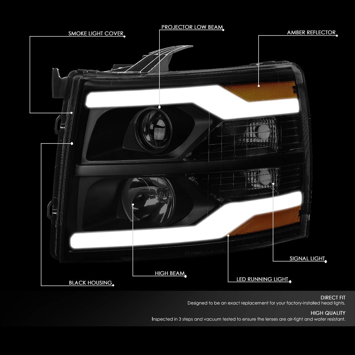 Auto Dynasty [Halogen] Dual LED DRL Strip Projector Headlights Assembly Compatible with 2007-2014 Chevy Silverado 1500 2500HD 3500HD, Driver and Passenger Side, Smoke Lens