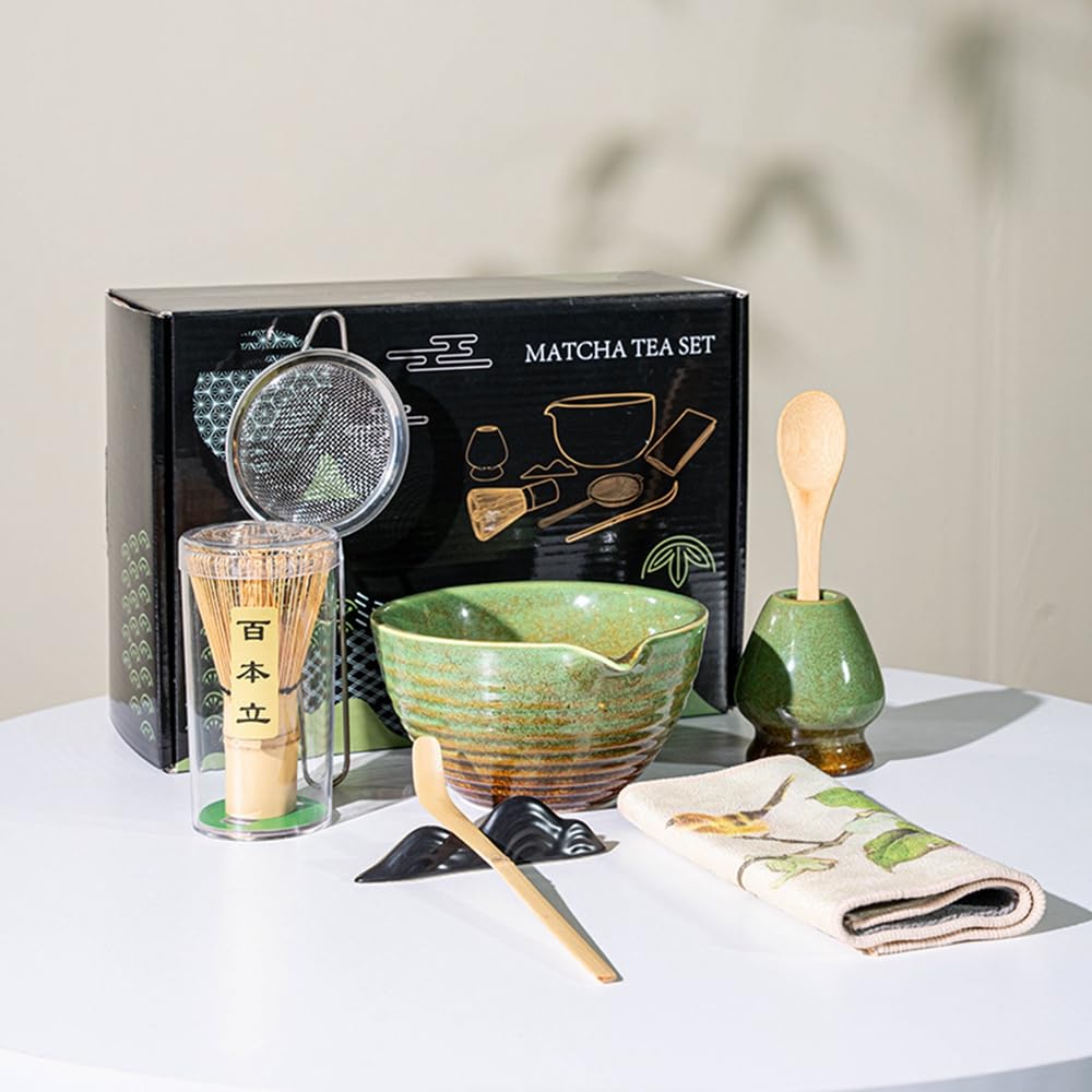 Juego de 8 batidores de matcha con caja de regalo negra, juego de kit de ceremonia de té tradicional japonés, juego de cuencos de cerámica para cambiar el horno, juego de cuencos de matcha a rayas