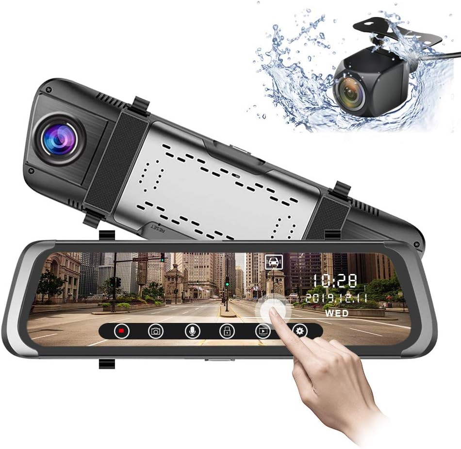 Mirror Dash Cam 10 inch 1080P Full Touch Screen Stream Media Front Rear Dual Lens Dashboard Recorder Waterproof Reversing Camera