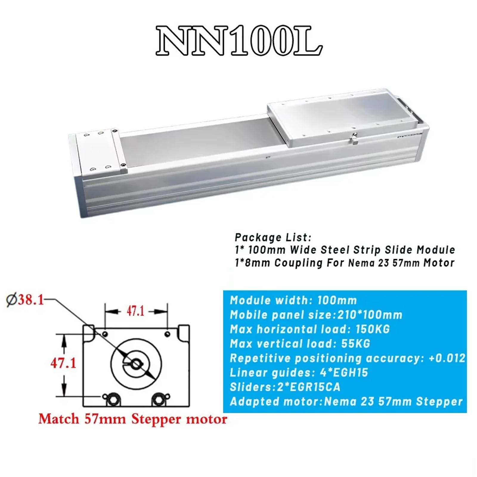Attuatore lineare completamente chiuso, larghezza 100 mm, carico pesante 150 kg, tavolo scorrevole di precisione 4*EGH15CA SFU1605/1610, precisione ±0,012 mm(57mm Motor,SFU1610-200MM Stroke)