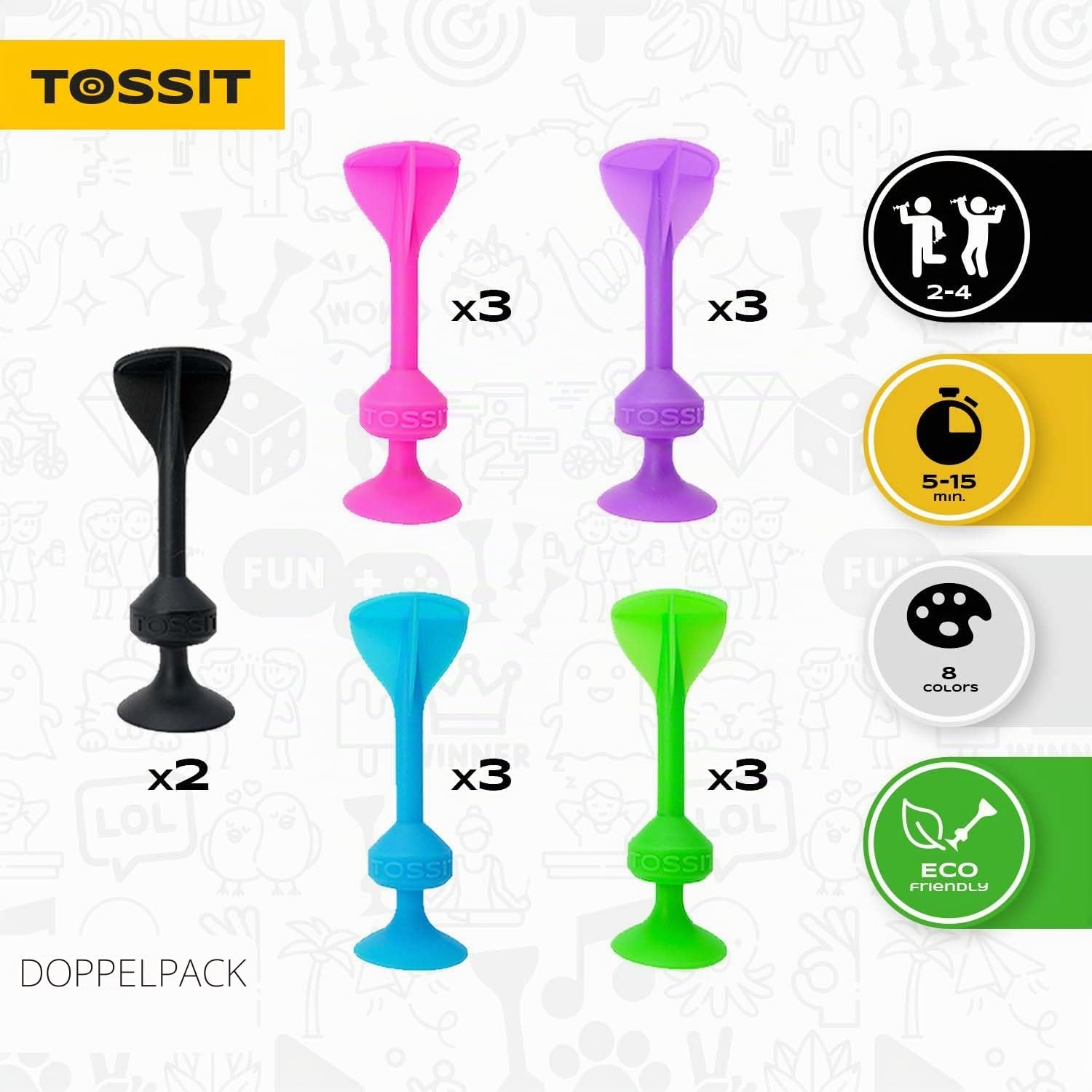 TOSSIT Spiel Saugnapf Darts, Indoor Outdoor Drinnen Draußen, Boccia, Petanque, Wurfspiel, Nachhaltig langlebig Silikon, Boden oder Wand, Twin Pack, Pink Hellblau Lila Grün
