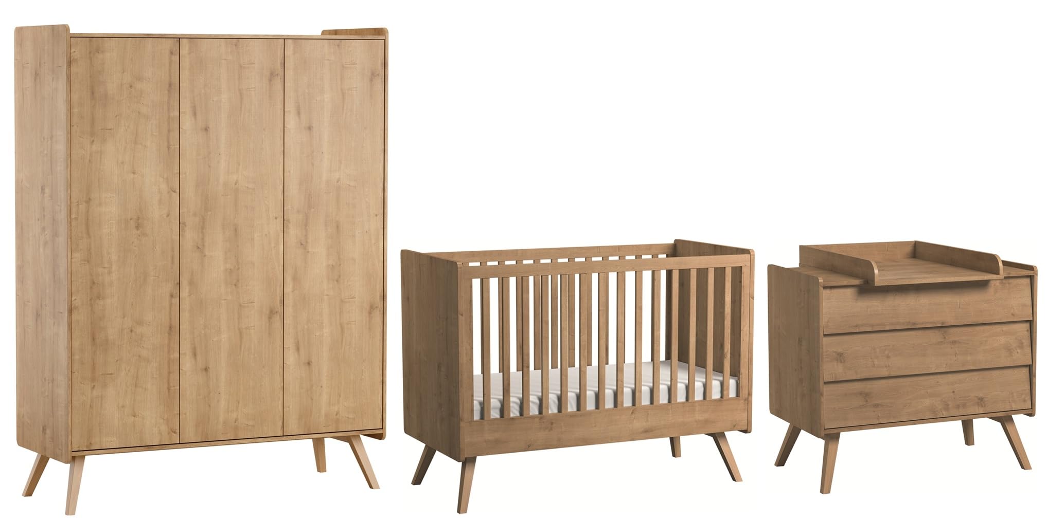 QMM Babyzimmer Kinderzimmer Vienna komplett Set B Kleiderschrank 3-türig Kommode Wickelaufsatz Bett (Eiche)