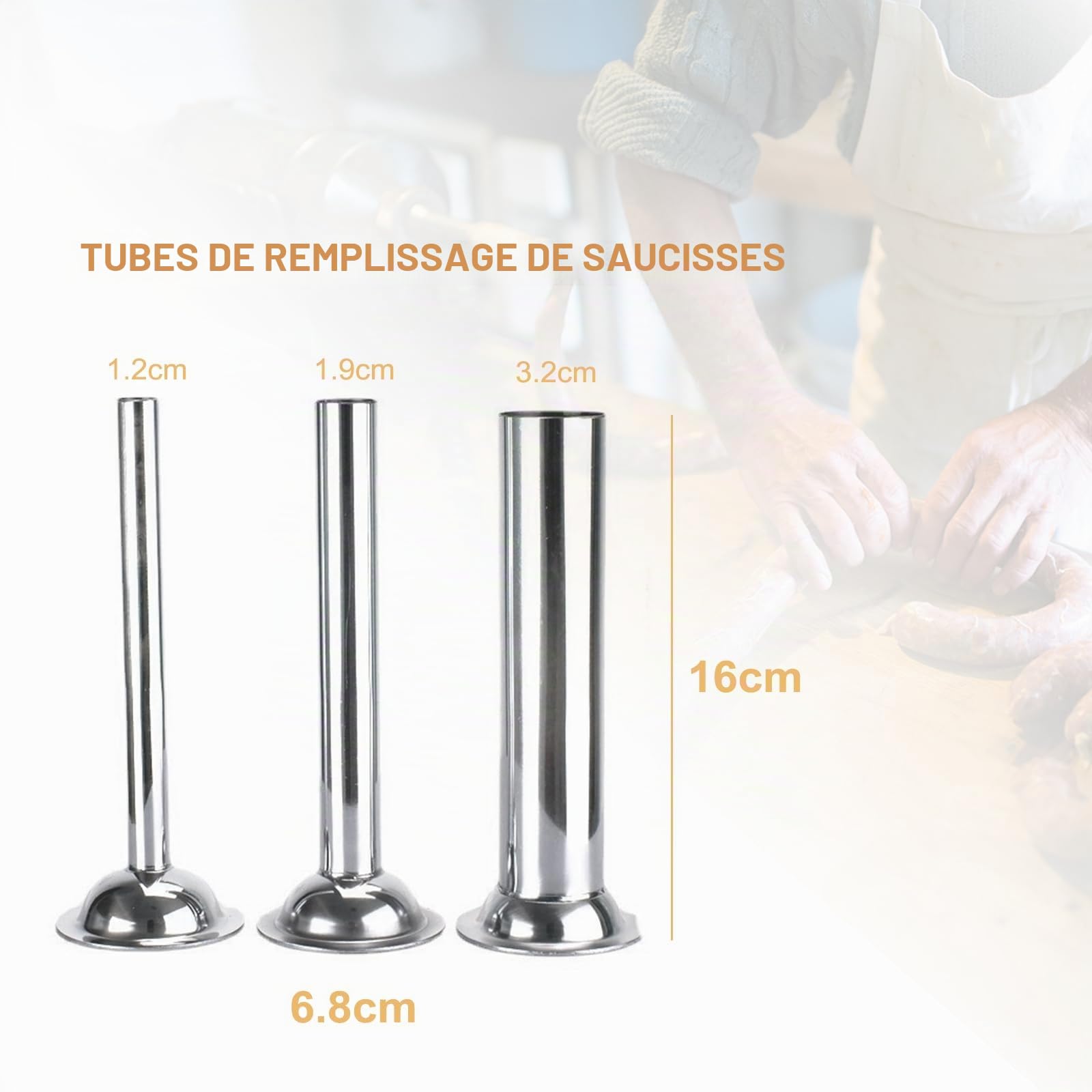 Tube à Saucisse Lot de 3 Tubes de Remplissage en Acier Inoxydable | pour Hachoir à Viande Manuel ou Électrique Taille 8 - Compatible Lave-Vaisselle