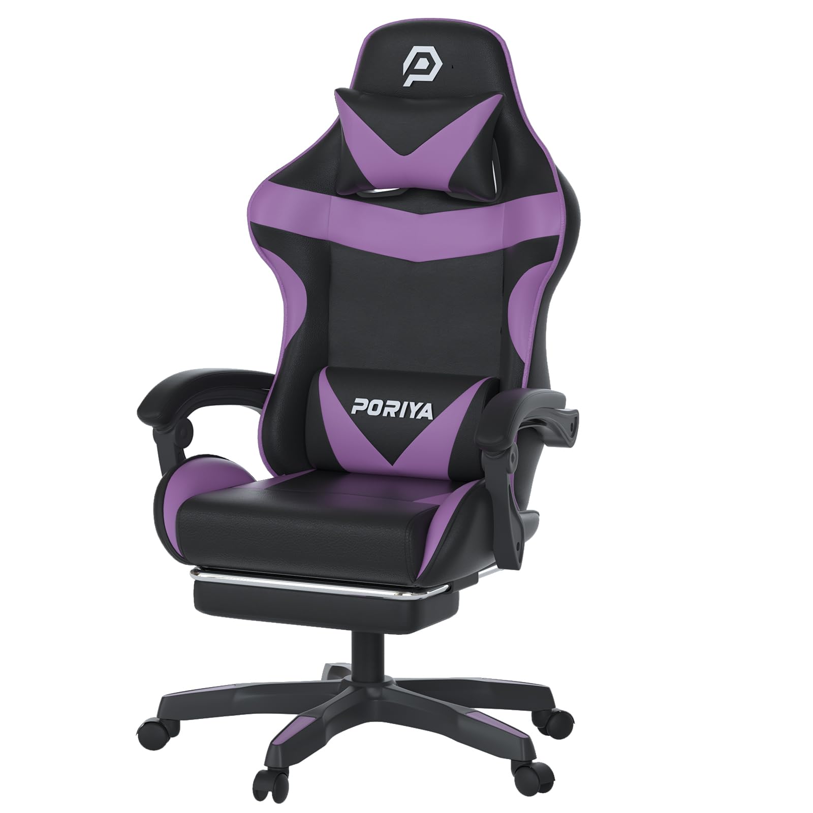 PORIYA Gaming Chair with Height Adjustable, Ergonomic Computer Chairs with Footrest, Headrest, Lumbar Support, Reclining Capability, Black and Purple