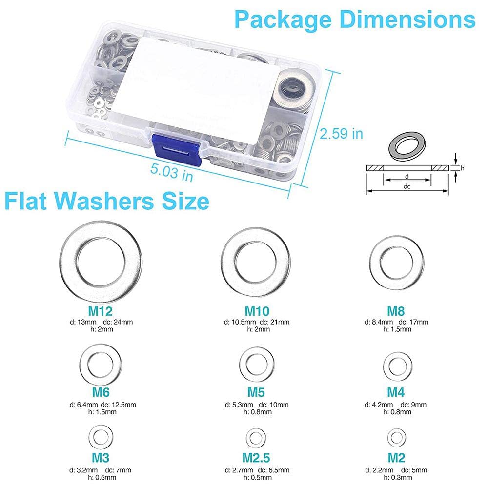 800-teiliges Unterlegscheiben-Set Edelstahl M2 M3 M4 M5 M6 M8 M10 M12 Ringdichtungs-Set Unterlegscheiben Metall-Unterlegscheiben-Sortiment Kit Box-1set
