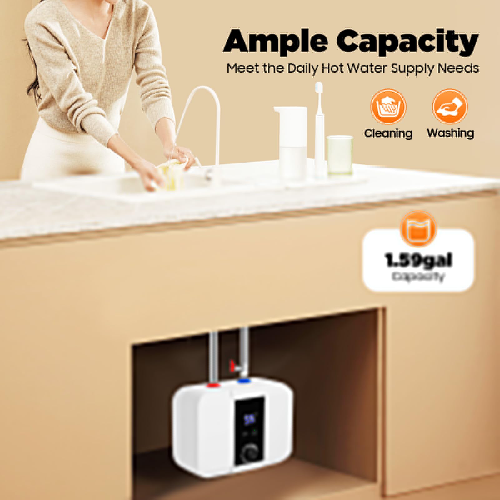 Scaldabagno elettrico da 6 l, mini scaldabagno con indicatore a LED, serbatoio di stoccaggio della caldaia elettrica regolabile da 0 a 65 °C, per lavello da cucina, bagno, lavandino