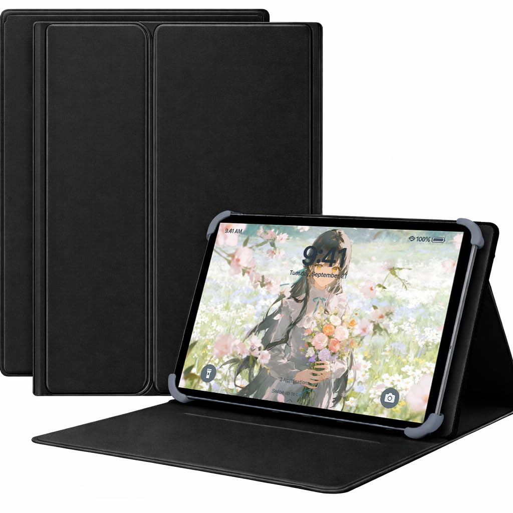 For スマイルゼミ スマイルタブレット4 (SZJ-JS203) ケース 9-11インチ タブレットケース マグネット着脱式 3段階スタンドスロット＆視野角度調節 スタンド機能 四隅テンションクリップ固定 耐衝撃設計 PUレザー 高級PUレザー (ブラック, スマイルタブレット4)