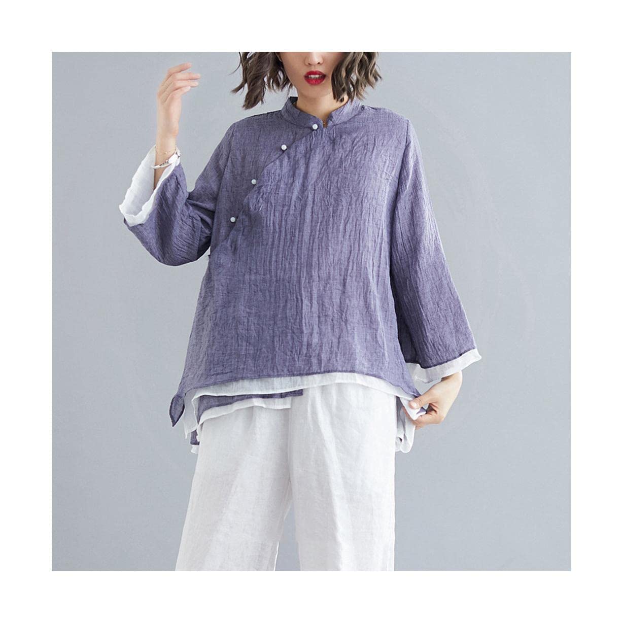 RWRAPS Ropa Tradicional China Mujer Tai Chi Gasa Tang Traje Top Traje Mujer Lino Kung Fu Camisa Blusa de Manga Larga Qipao Top (Azul Talla única)