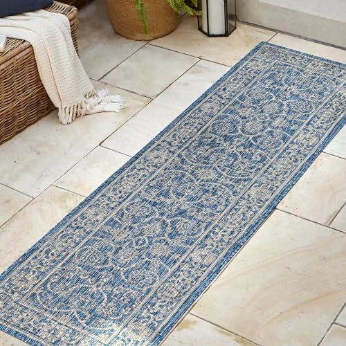 Image of JONATHAN Y Vine & Border Indoor Outdoor Runner Rug 2X8 Navy /Gray, Palazzo Textured Weave for Backyard, Patio, Porch, Easy-Cleaning, High Traffic, Pet-Friendly, Non-Shedding (SMB103A-28)