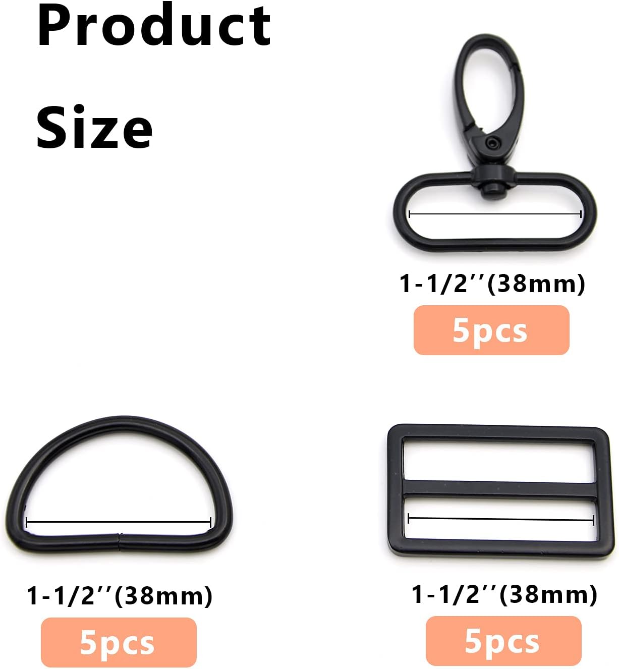 15Pcs Metal Swivel Snaps Hooks with D Rings and Tri-Glides Slide Buckles for Key Lanyard Purse Bag Straps Dog Collars DIY Sewing Hardware Craft (1-1/2 inch, Electrophoresis) - Image 2