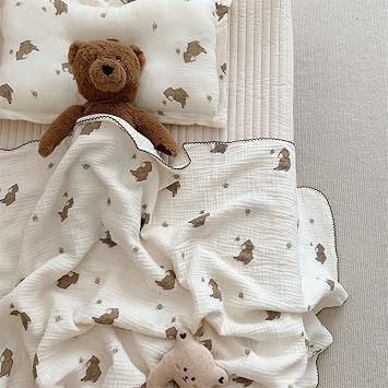 BuLuTu Muslin Cotton Baby Blanket 47"x 51" + Toddler Pillowcase 14"x 20", Bee Bear Print Toddler Bedding Set