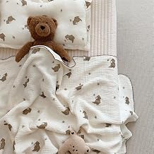 BuLuTu Muslin Cotton Baby Blanket 47"x 51" + Toddler Pillowcase 14"x 20", Bee Bear Print Toddler Bedding Set