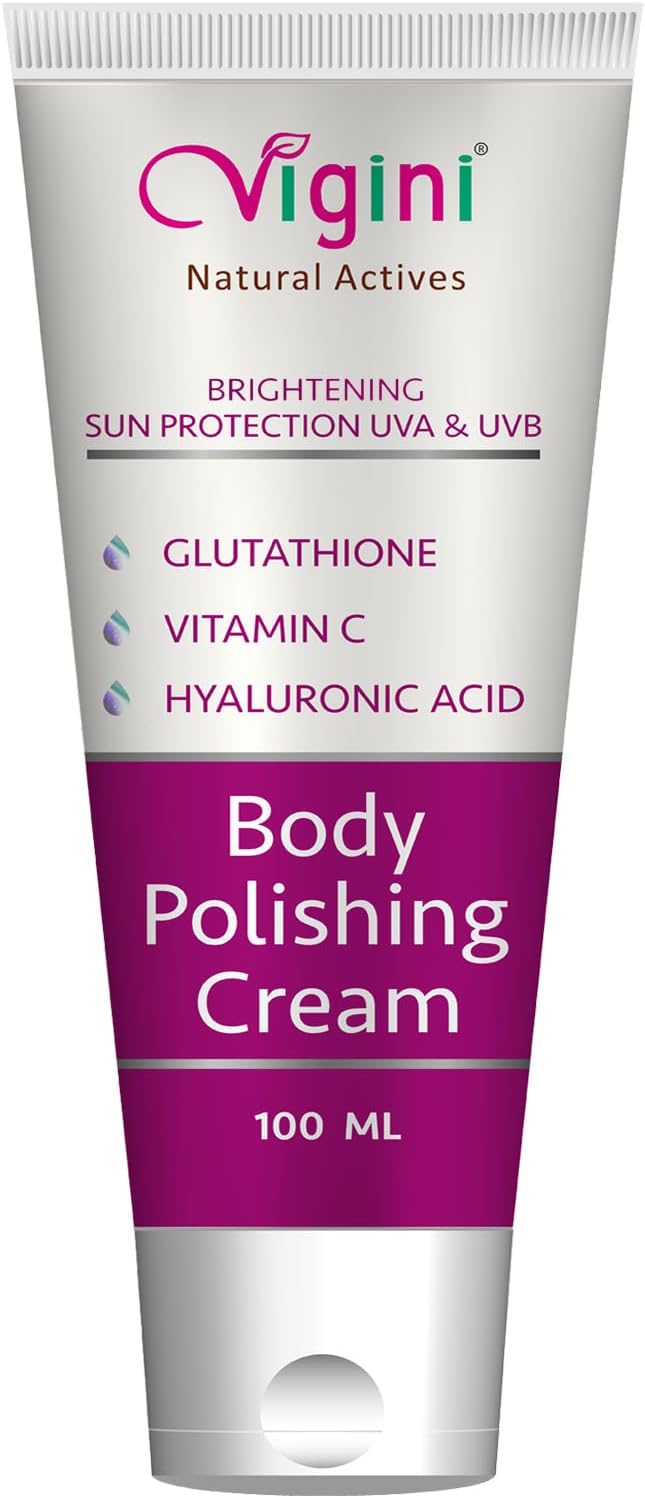 Vigini Glowing Radiance Kojic Acid Vitamin C Body Polishing Moisturizer Cream for Pigmentation Dark Spots Dull Uneven Skin Tone Patches Underarms Tan Removal for Men Women 100ml