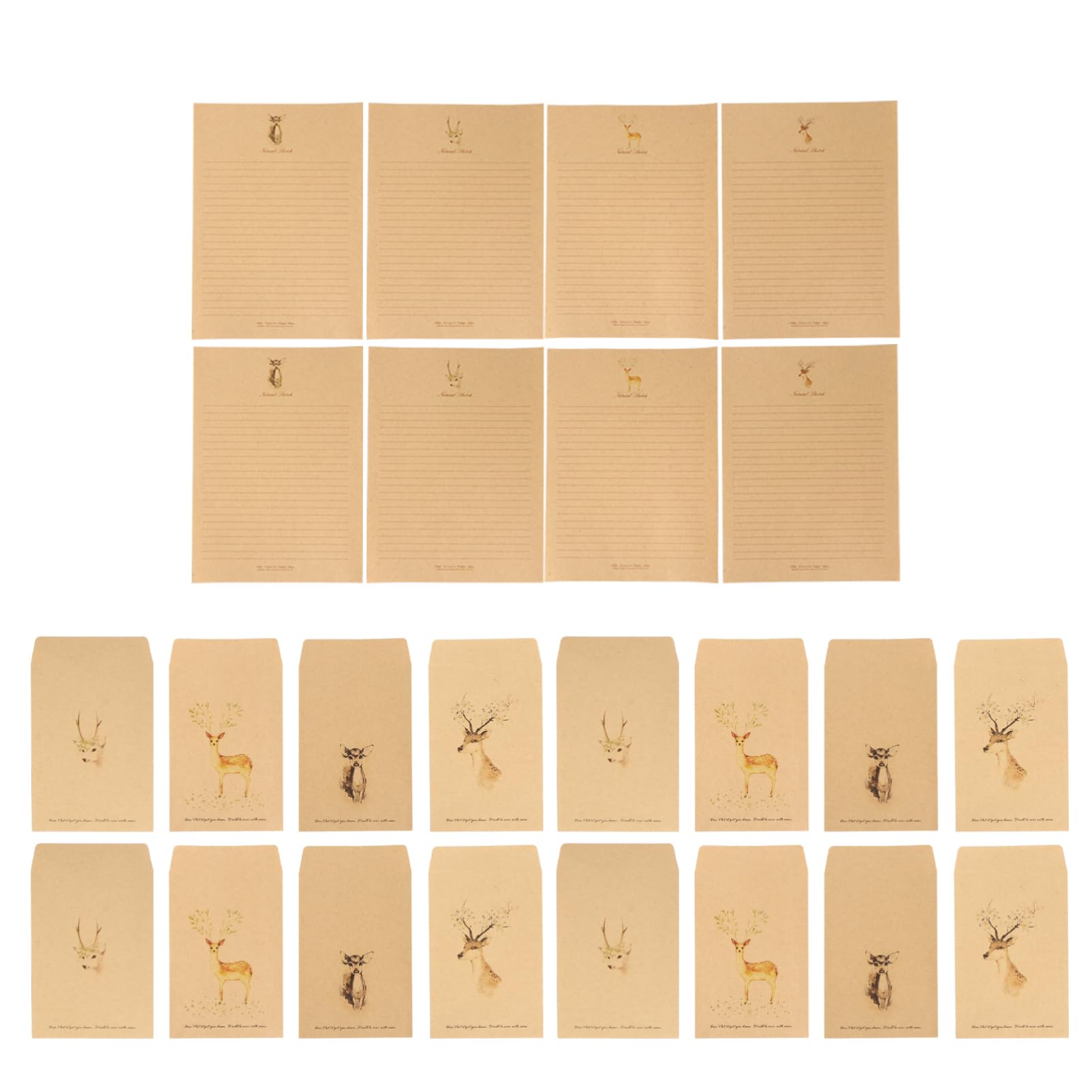 Set di Carta da Lettere Kraft con Motivo Cervo, 80 Pezzi