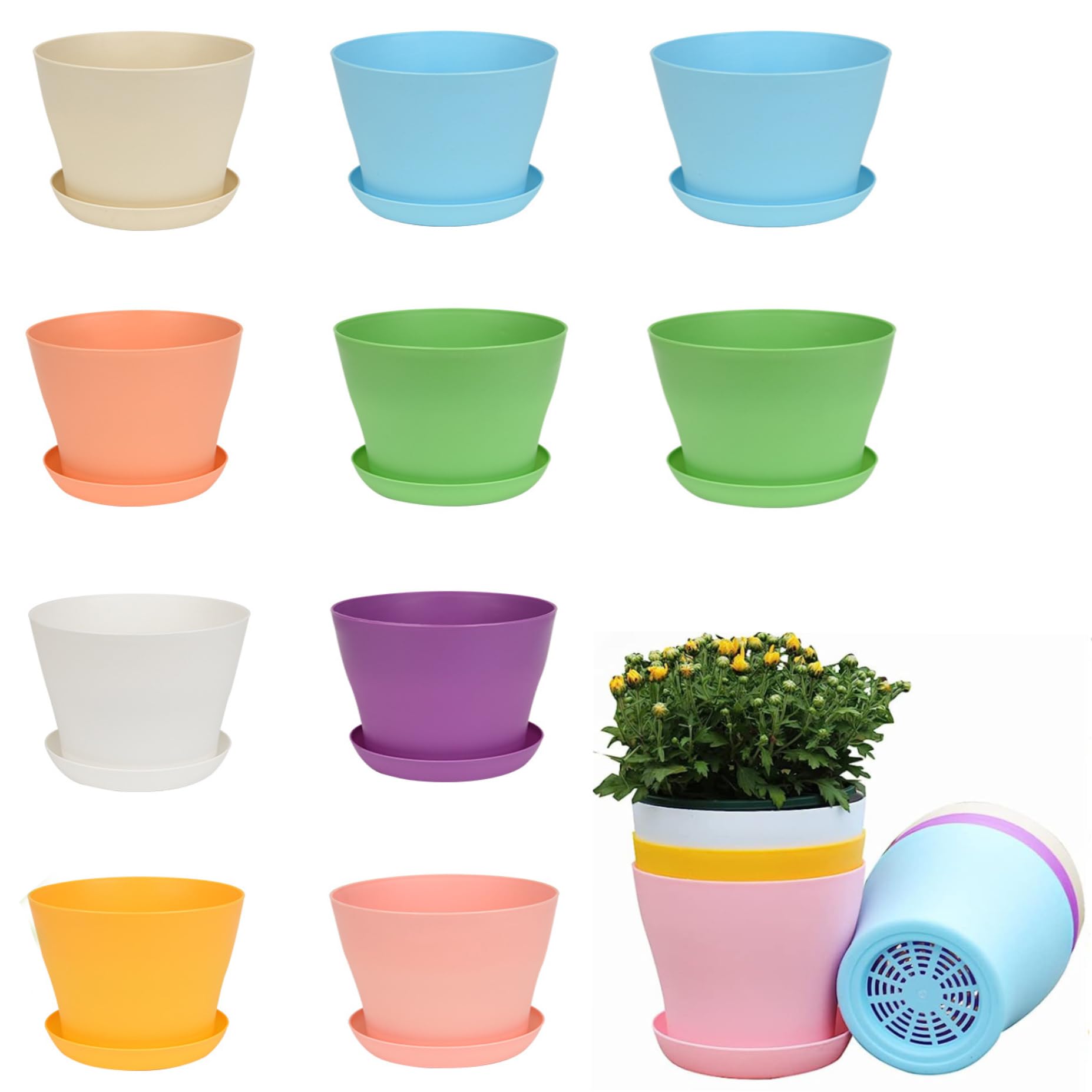 Tosnail 24 piccoli vasi per piante da 9,5 cm, in plastica colorata, per interni ed esterni, per ufficio, casa, scrivania, con vassoi per pallet, 8 colori