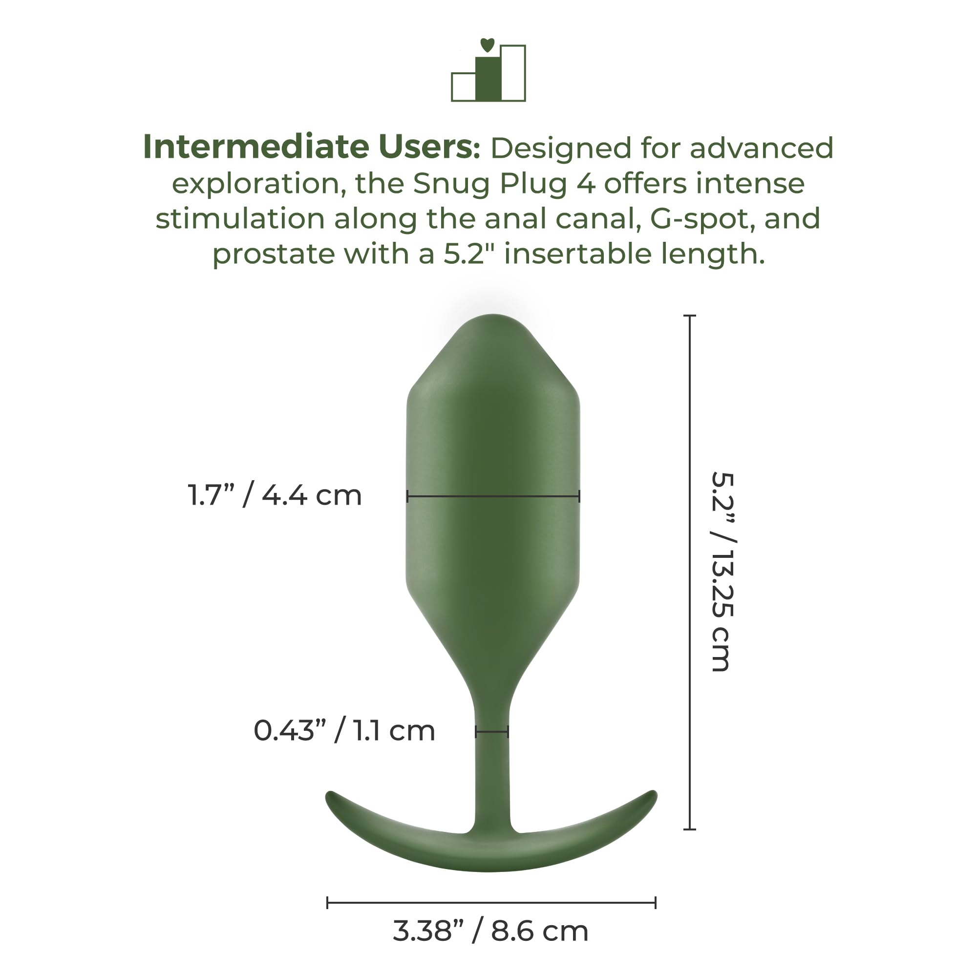 b-Vibe - The Snug Plug 4 - Verde militar - Enchufe anal de 257 gramos que cuenta con una base acampanada y bolas pesadas