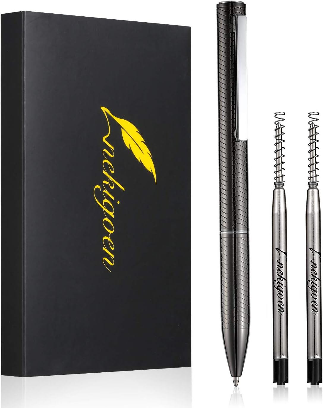 nekigoen Ballpoint Pen with Gift Box for Men Women,Luxury Stainless Steel Retractable Pen Executive Home Office Use, and 2 Extra Refills Black Ink 1.0mm B2 (Dark Gray)
