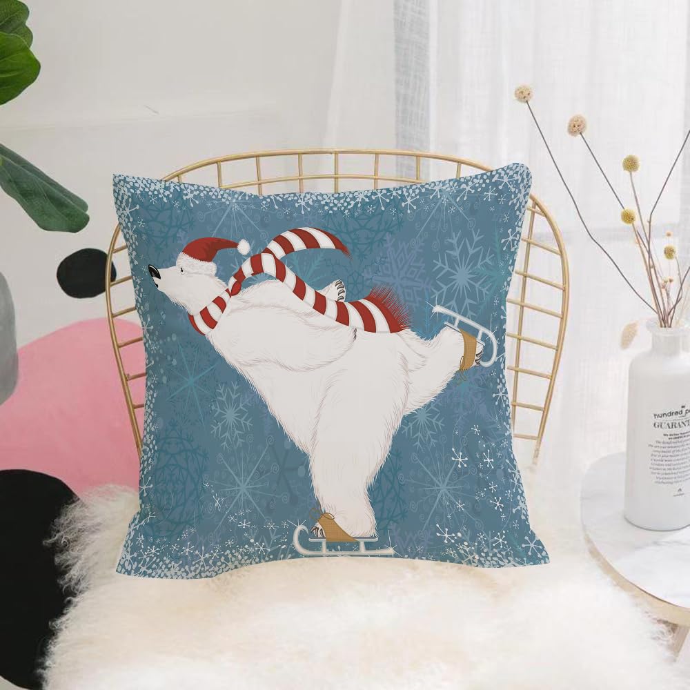 HYOSXW Cushion Cover,Throw Pillow Case Home Decorative for Living Room Bedroom Sofa Chair 16X16 Inch,Animal, polar bear with Christmas hat and scarf on ice skating,Pillowcase 40X40cm