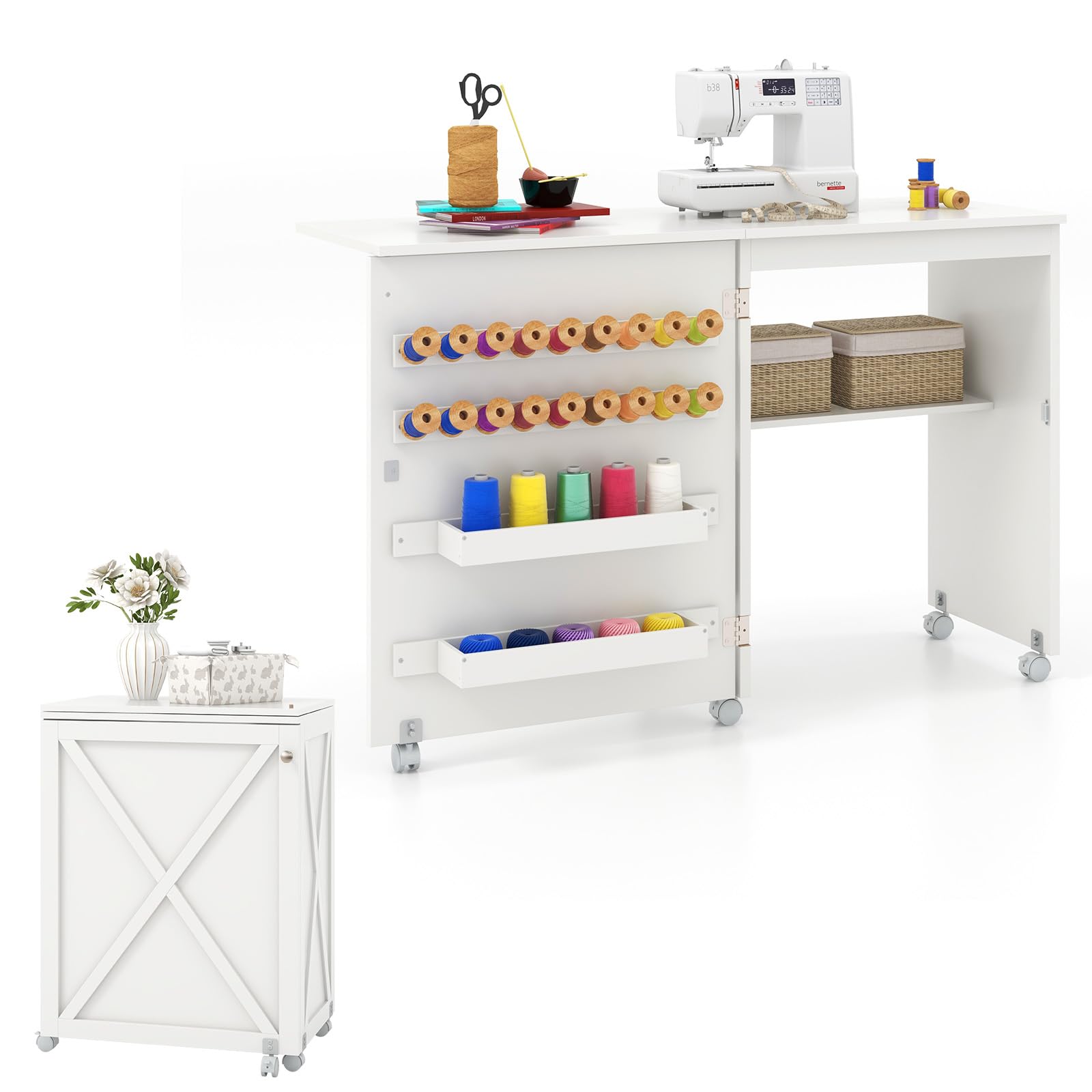 LIFEZEAL Armario de Costura, Mueble para máquina de Coser, Mesa Plegable de Costura con 5 Ruedas, 2 bandejas, 18 Ganchos para Hilo, Mesa Multifuncional de Manualidades (Blanco, 116 x 40 x 76cm)