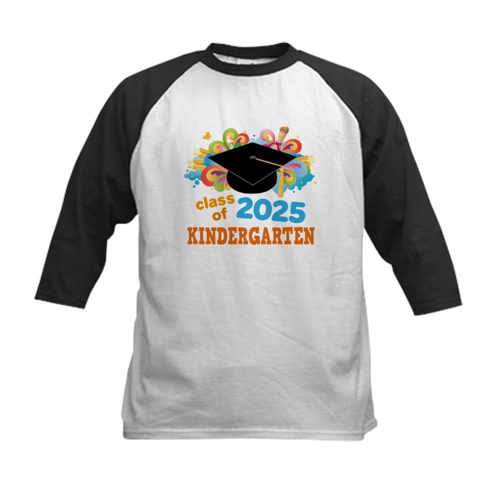 CafePress Kindergarten Class of 2025 Kids Baseball T Shirt Kids Cotton Baseball Jersey, 3/4 Raglan Sleeve Shirt Black/White
