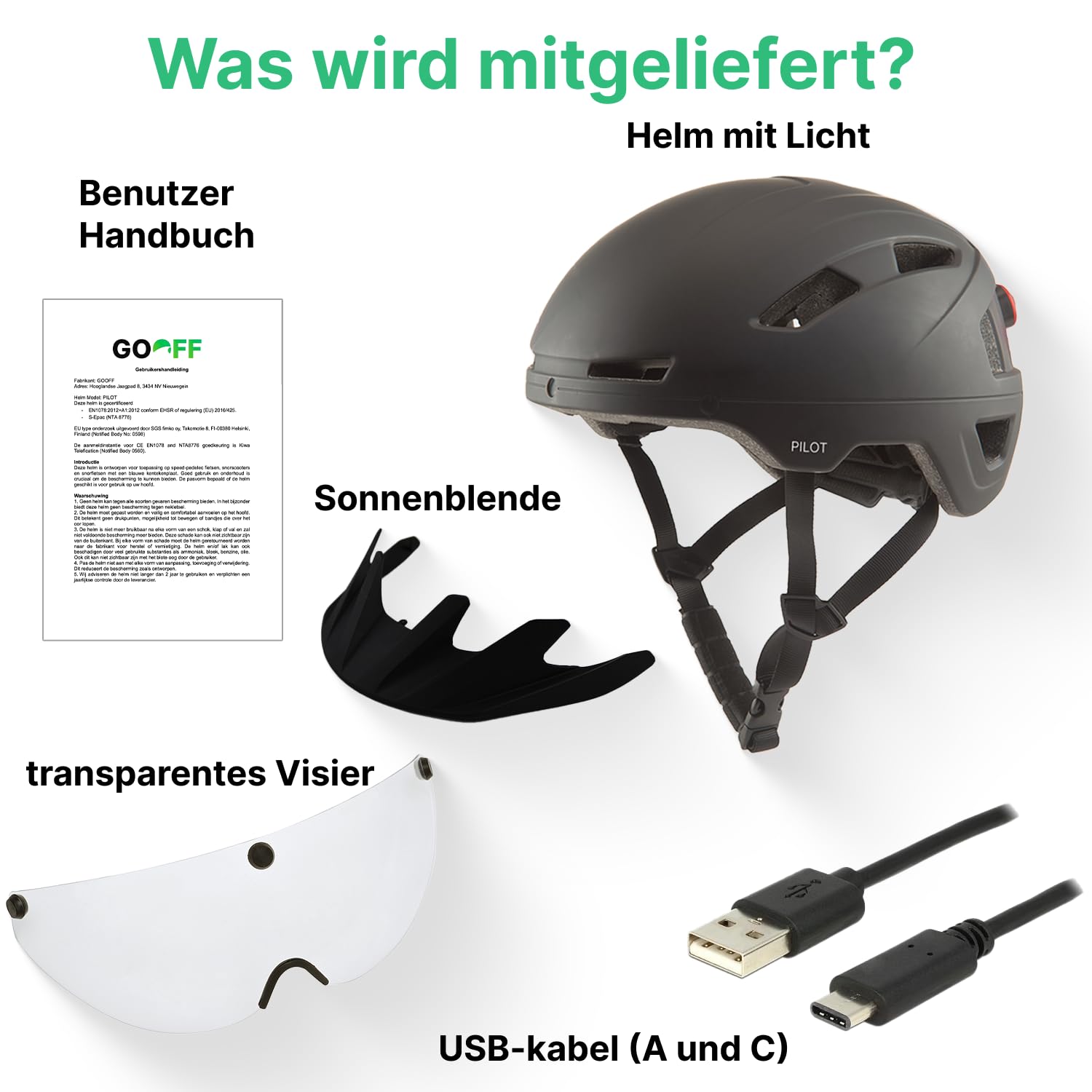 GOOFF Pilot - Casco S-Pedelec | Protezione per pedalate veloci in e-bike, casco da bicicletta con visiera e luce, certificato NTA 8776