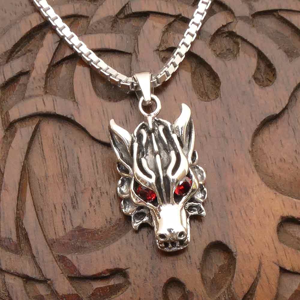 Wolf Schmuck glühende Augen Zirkonia Silber Anhänger Tier Wolfskopf Gothic Silberanhänger Männer Frauen