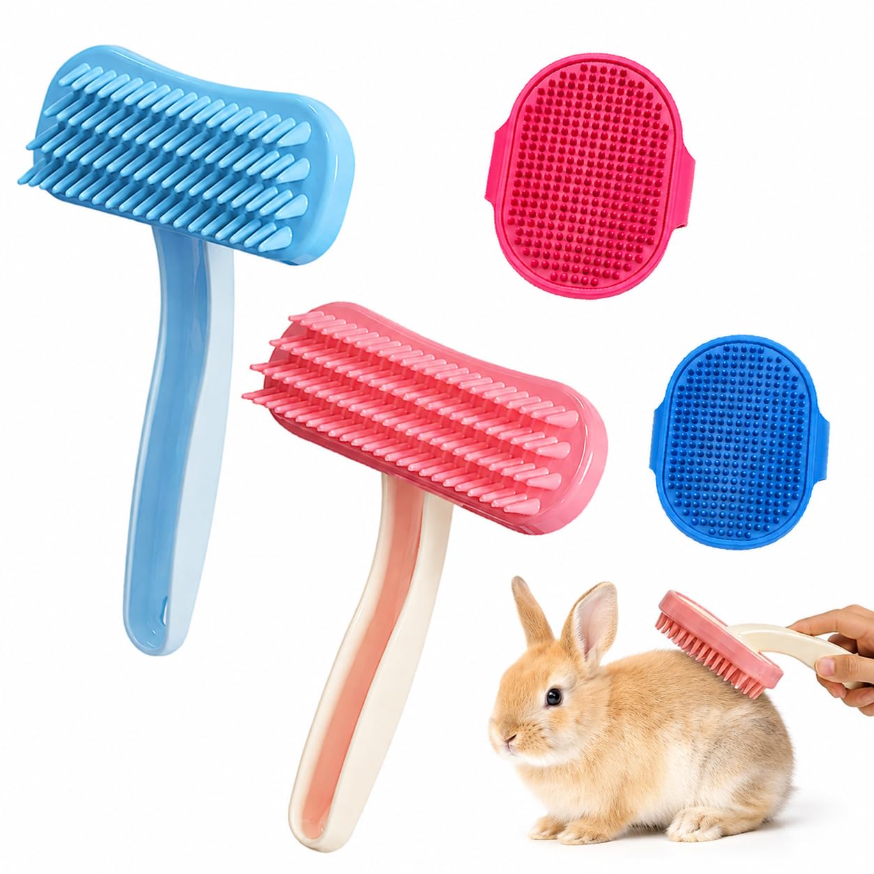 Four Piece Set Rabbit Brush, Puppy Grooming Kit, Rabbit Grooming Brush, Small Pet Brush Set, in Blue, Pink and Red