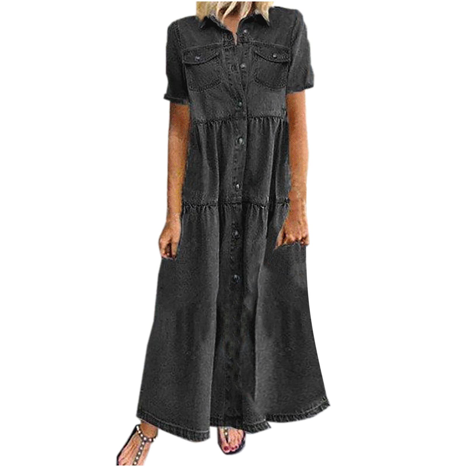 AMhomely Office Dresses for Women UK Plus Size-Denim Look Dress,Summer,Short Sleeve Button Down Maxi Dresses,Vintage Distressed Casual Boho Dress,Holiday Vacation Going Out A Black 3XL