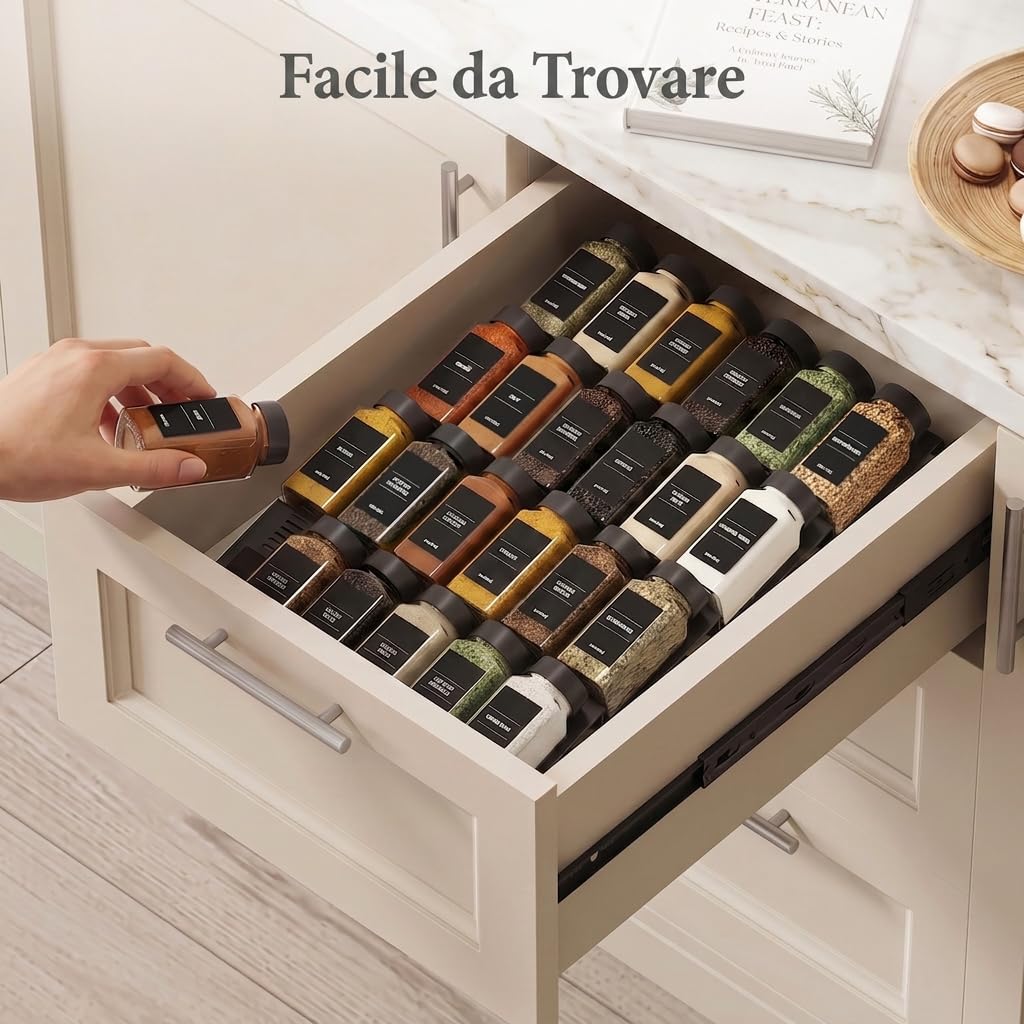 Lifewit Organizer Spezie per Cassetti 24 pezzi con 24 Bottiglie, Portaspezie Salvaspazio Regolabile e Combinabile per Cucina, Antiscivolante Porta spezie da Appoggio, Accessori Cucina Utili, Nero