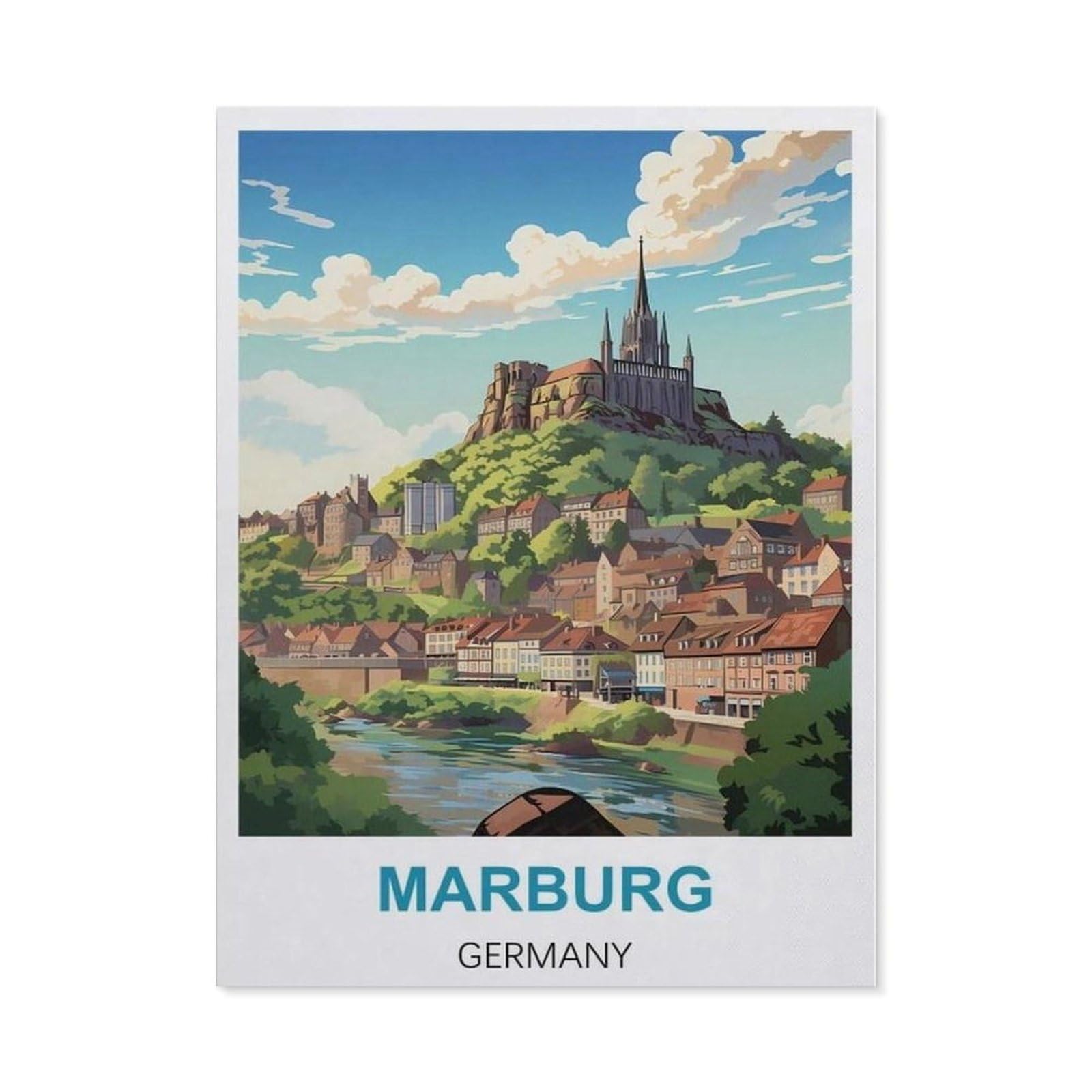 BEAYODKP Full Diamond 5D DIY Diamond Painting，Marburg Germany Vintage Travel Posters，3D Diamond Embroidery Cross Stitch Mosaic Needle Works（50 x 60 cm/19.68 x 23.62 inches）-CB94