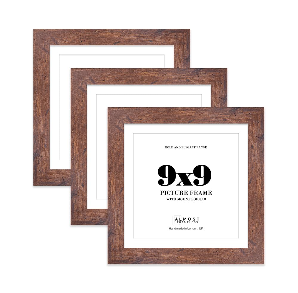 9x9" Rustic Wood Square Frame With Mount for 8x8" Pictures 28mm Edge Frame Display with Wall Hooks and Kickstand, 3 Pack